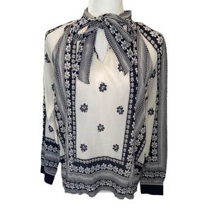 SEA New York Silk Navy Blue & Ivory Floral Tie Neck Crinkle Blouse - 2